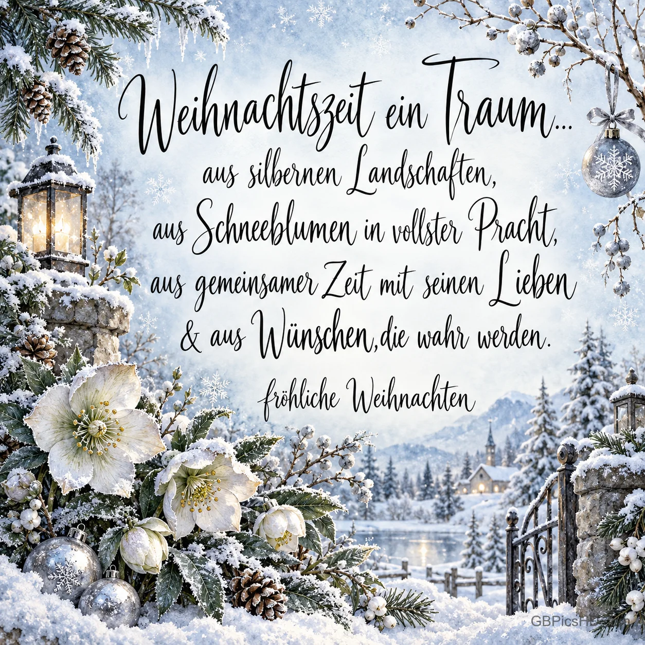 Verschneite Christrosen, Laternen und ein Dorf begleiten den Gruß "Fröhliche Weihnachten".
