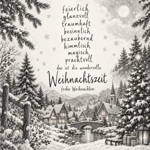 Ein verschneites Dorf mit Steinbrücke und geschmücktem Tannenbaum in Schwarz-Weiß trägt den Gruß "Frohe Weihnachten".