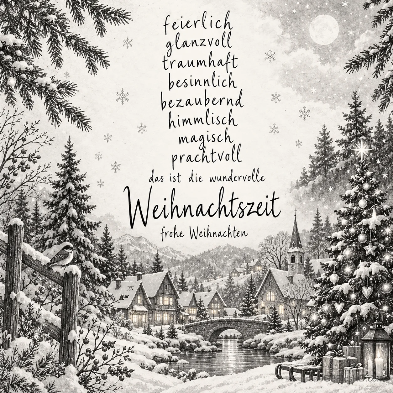 Ein verschneites Dorf mit Steinbrücke und geschmücktem Tannenbaum in Schwarz-Weiß trägt den Gruß "Frohe Weihnachten".