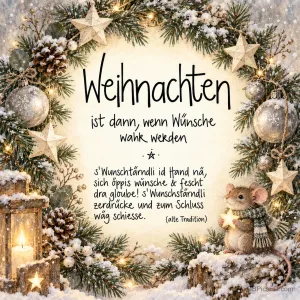 Eine Maus mit Schal hält einen leuchtenden Stern zwischen Tannenzweigen und "Weihnachten ist dann, wenn Wünsche wahr werden".