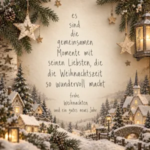 Ein verschneites Dorf mit Tannen, Brücke und Laternen umrahmt "Frohe Weihnachten und ein gutes neues Jahr".