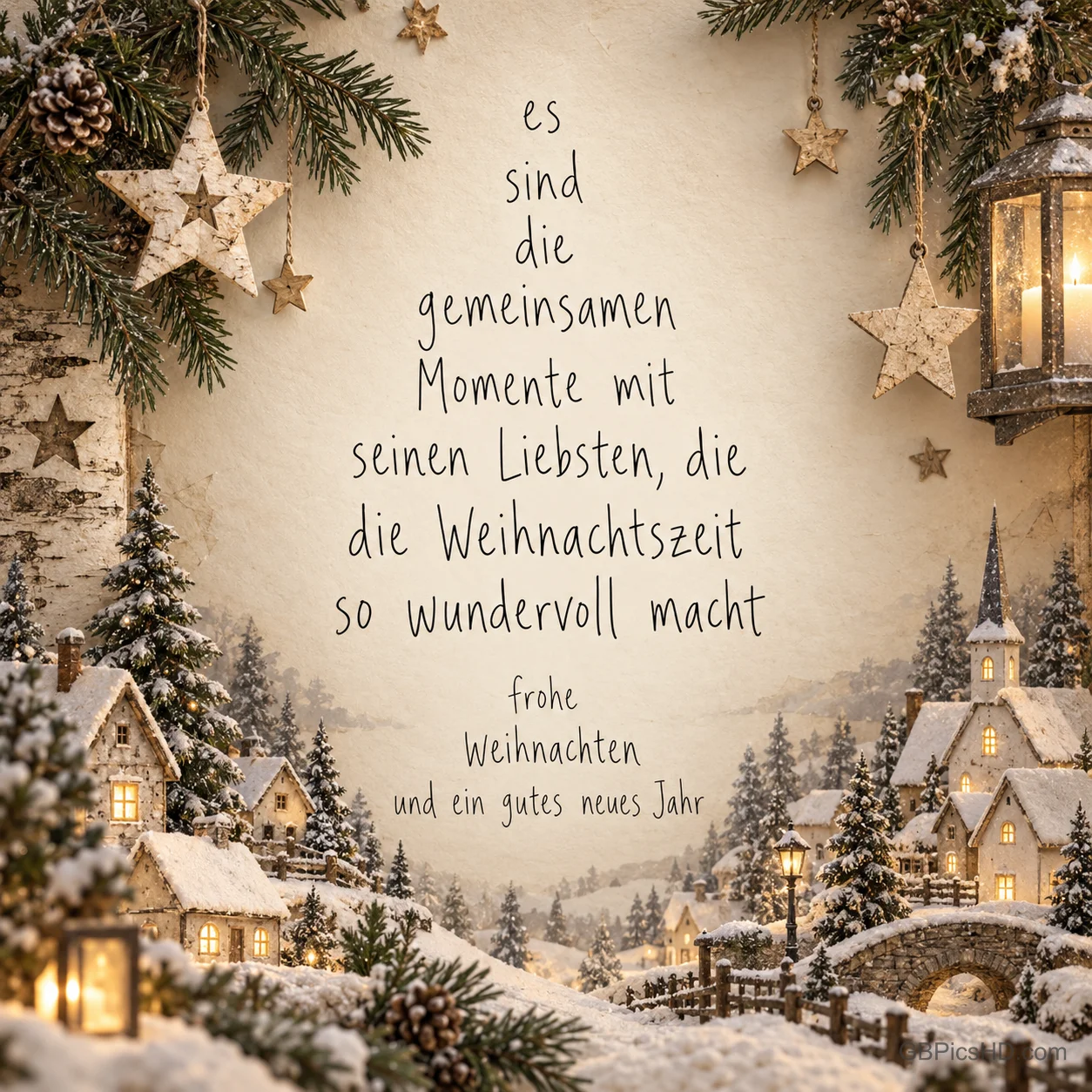 Ein verschneites Dorf mit Tannen, Brücke und Laternen umrahmt "Frohe Weihnachten und ein gutes neues Jahr".