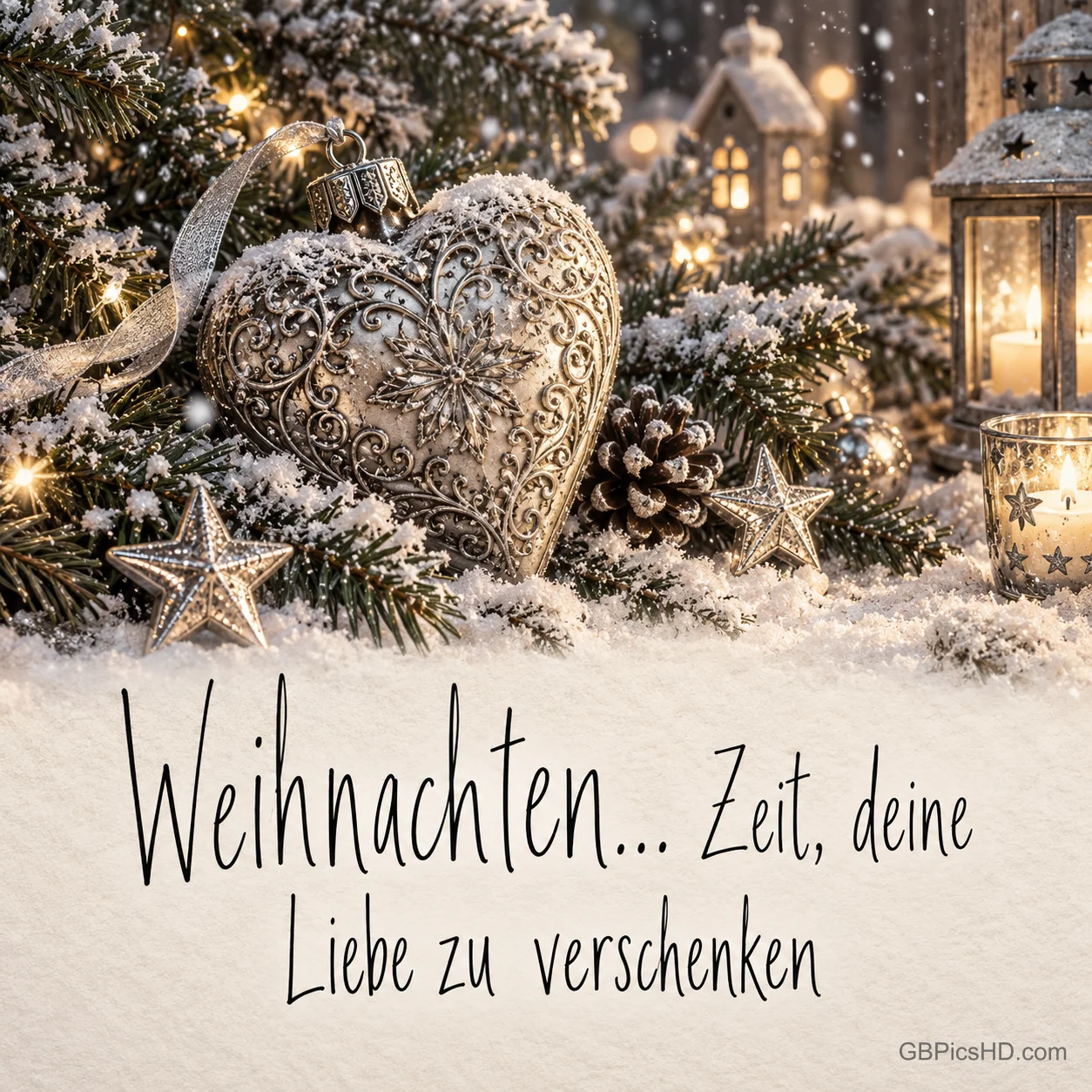 Ein silbernes Herzornament liegt zwischen verschneiten Zweigen, Sternen und Kerzen über "Weihnachten... Zeit, deine Liebe zu verschenken".