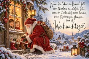 Der Nikolaus füllt Stiefel vor einem Fenster mit zwei Kindern; daneben steht "Weihnachtszeit".