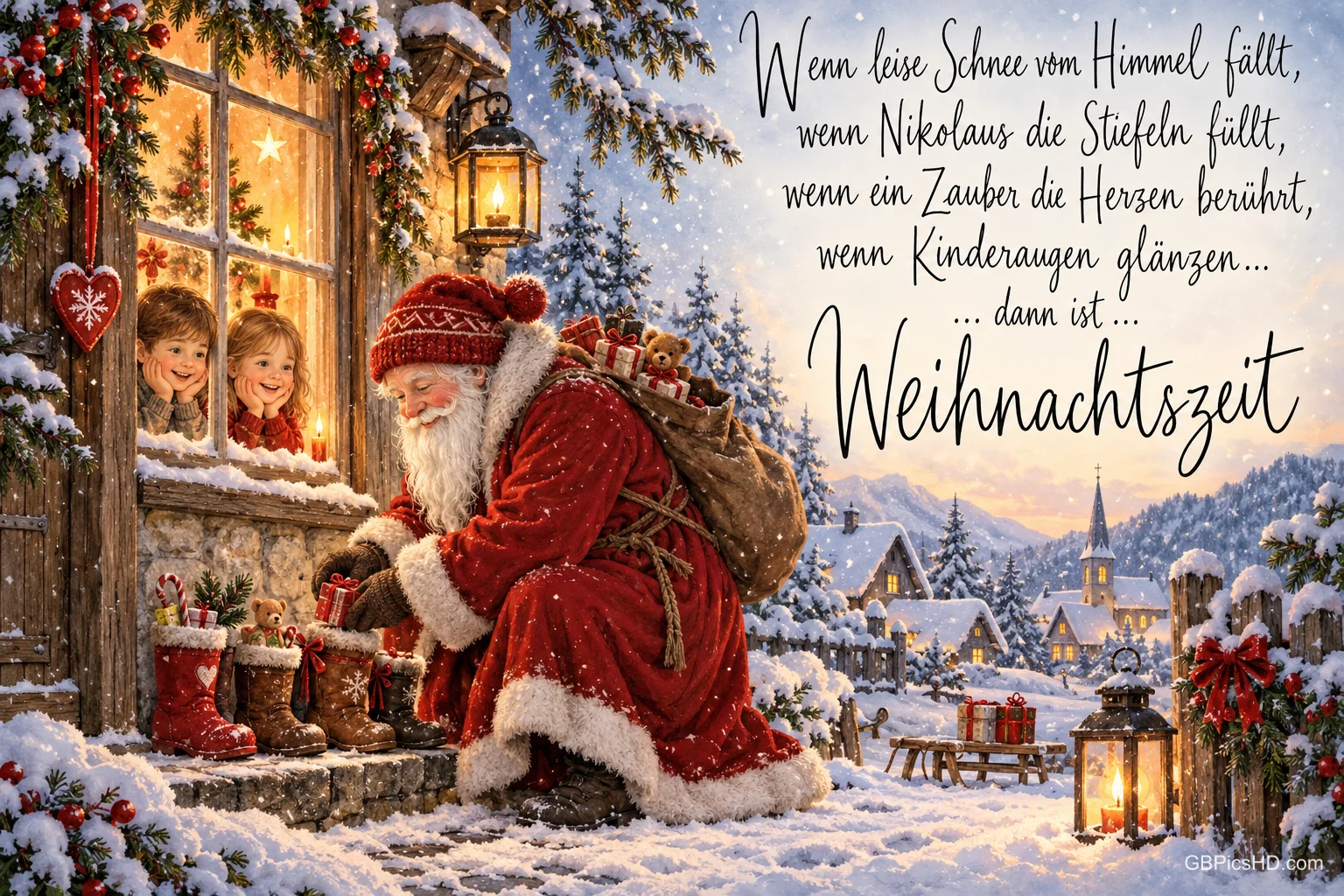 Der Nikolaus füllt Stiefel vor einem Fenster mit zwei Kindern; daneben steht "Weihnachtszeit".