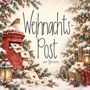 Ein Rotkehlchen sitzt auf einem roten Briefkasten im Schnee, umgeben von Briefen und "Weihnachts-Post von Herzen".