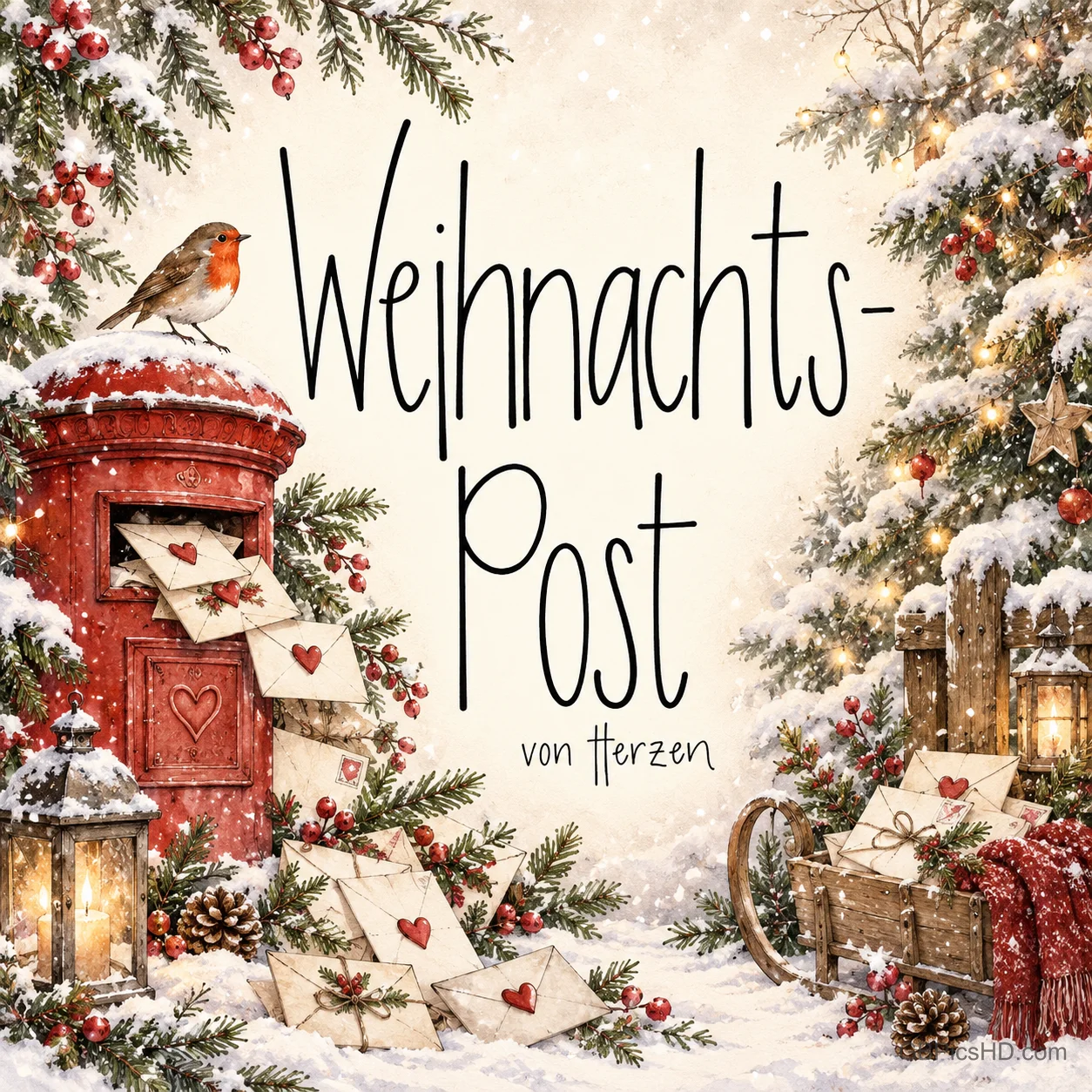 Ein Rotkehlchen sitzt auf einem roten Briefkasten im Schnee, umgeben von Briefen und "Weihnachts-Post von Herzen".