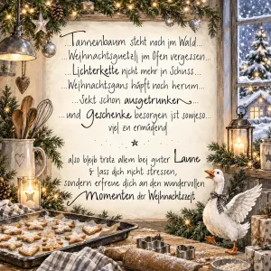 Eine Gans steht neben Plätzchen und Backutensilien in einer Weihnachtsküche mit "Also bleib trotz allem bei guter Laune".