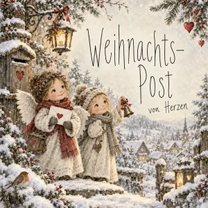Zwei Engel im Schnee halten einen Brief und eine Glocke neben "Weihnachts-Post von Herzen".