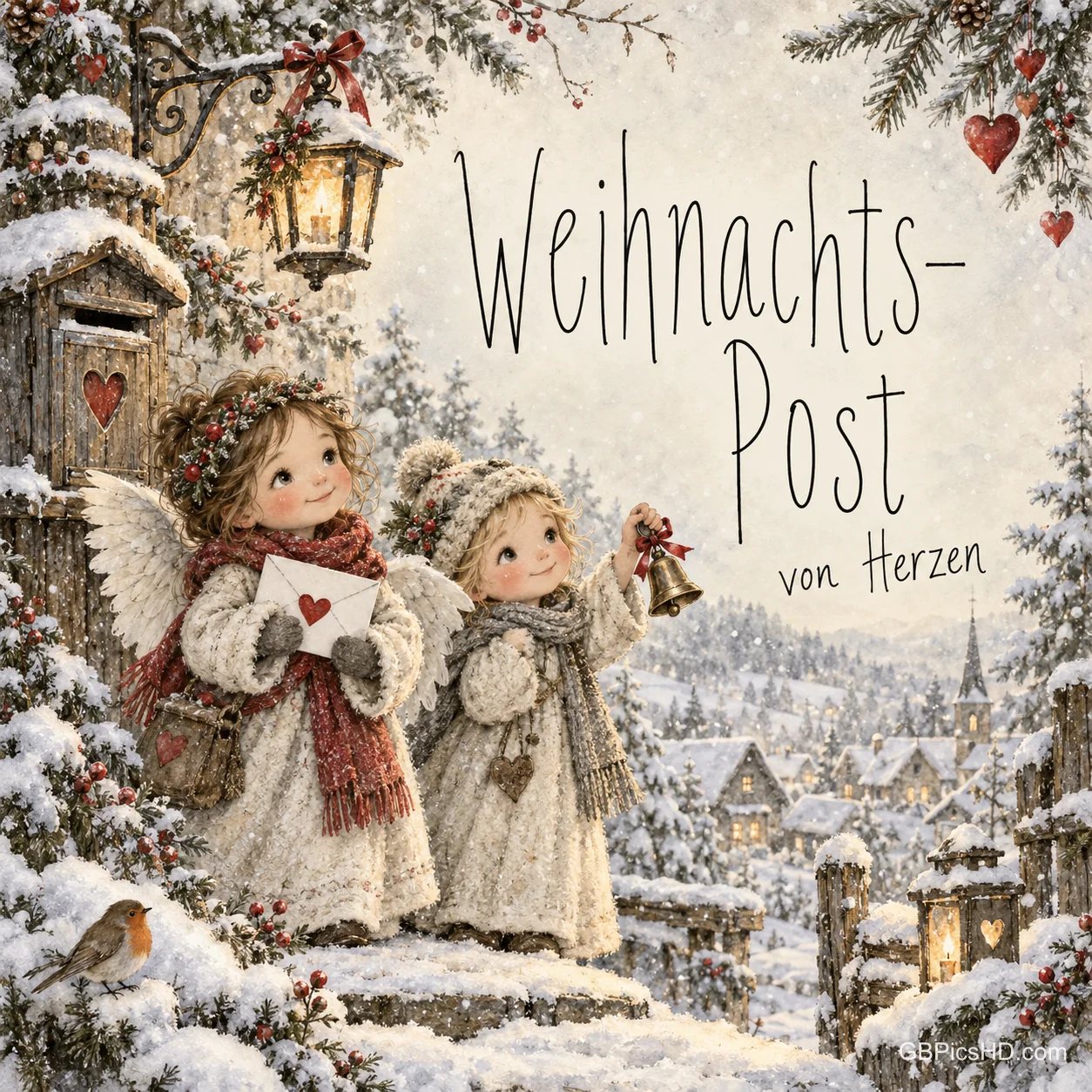 Zwei Engel im Schnee halten einen Brief und eine Glocke neben "Weihnachts-Post von Herzen".