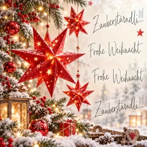 Rote Leuchtsterne, Tannenzweige und eine Laterne umrahmen "Zauberständli!!! Frohe Weihnacht Frohe Weihnacht Zauberständli!!!".