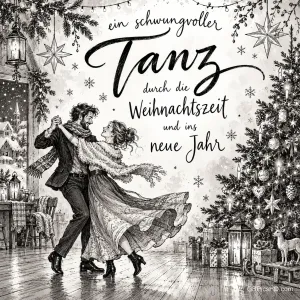 Ein Paar tanzt neben einem Weihnachtsbaum zum Gruß "Ein schwungvoller Tanz durch die Weihnachtszeit und ins neue Jahr".