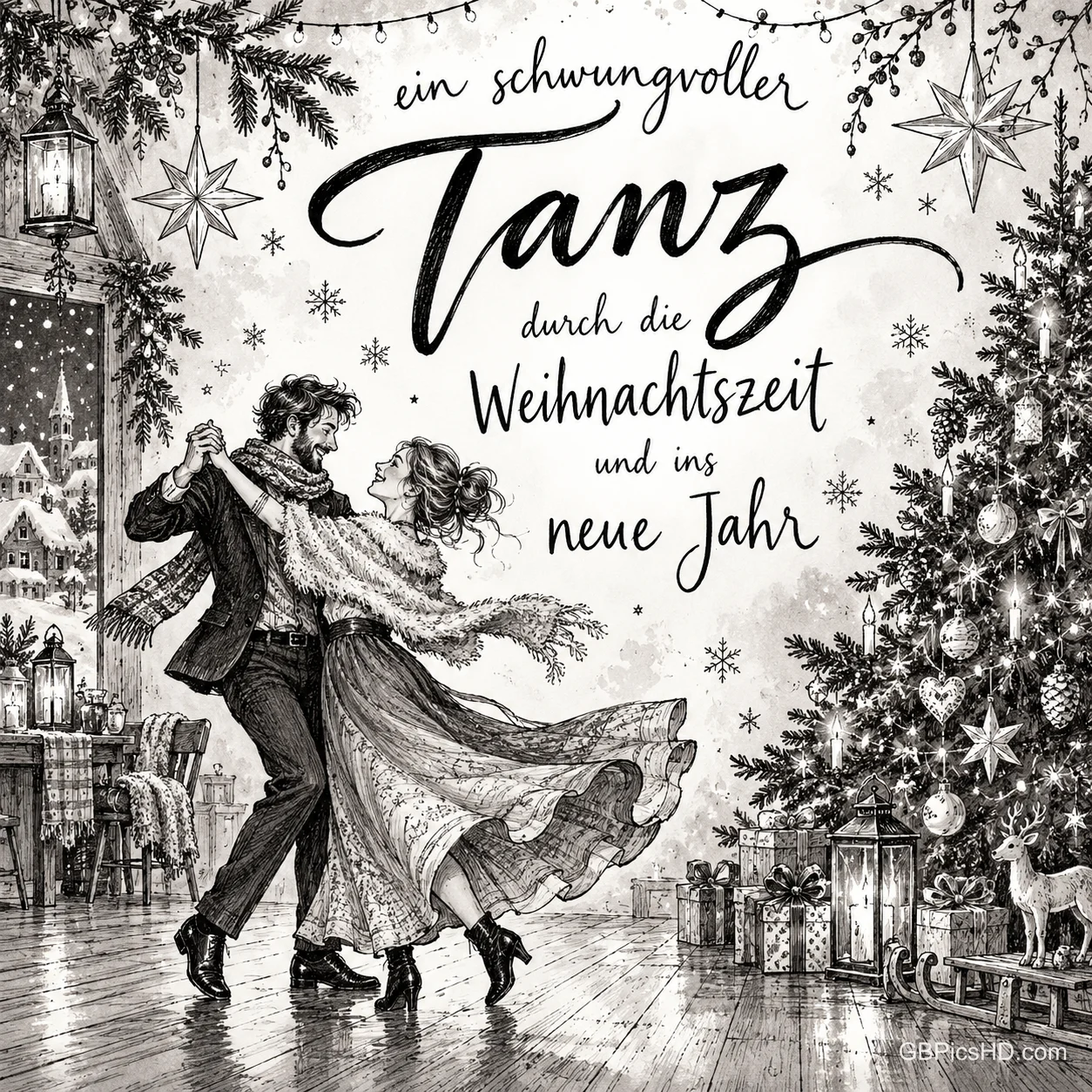 Ein Paar tanzt neben einem Weihnachtsbaum zum Gruß "Ein schwungvoller Tanz durch die Weihnachtszeit und ins neue Jahr".