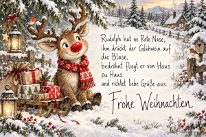 Ein Rentier mit roter Nase und Schal sitzt im Schnee neben einem Geschenkschlitten und "Frohe Weihnachten".