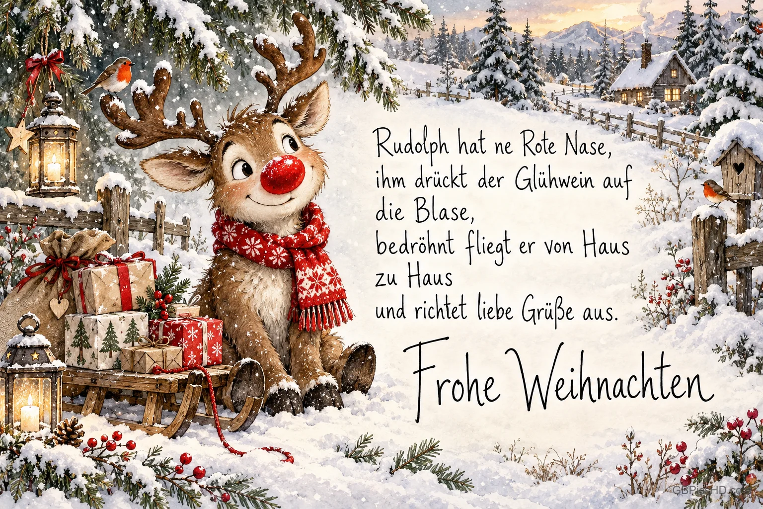 Ein Rentier mit roter Nase und Schal sitzt im Schnee neben einem Geschenkschlitten und "Frohe Weihnachten".