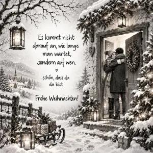 Ein Paar umarmt sich in einer verschneiten Haustür neben "Schön, dass du da bist" und "Frohe Weihnachten!".