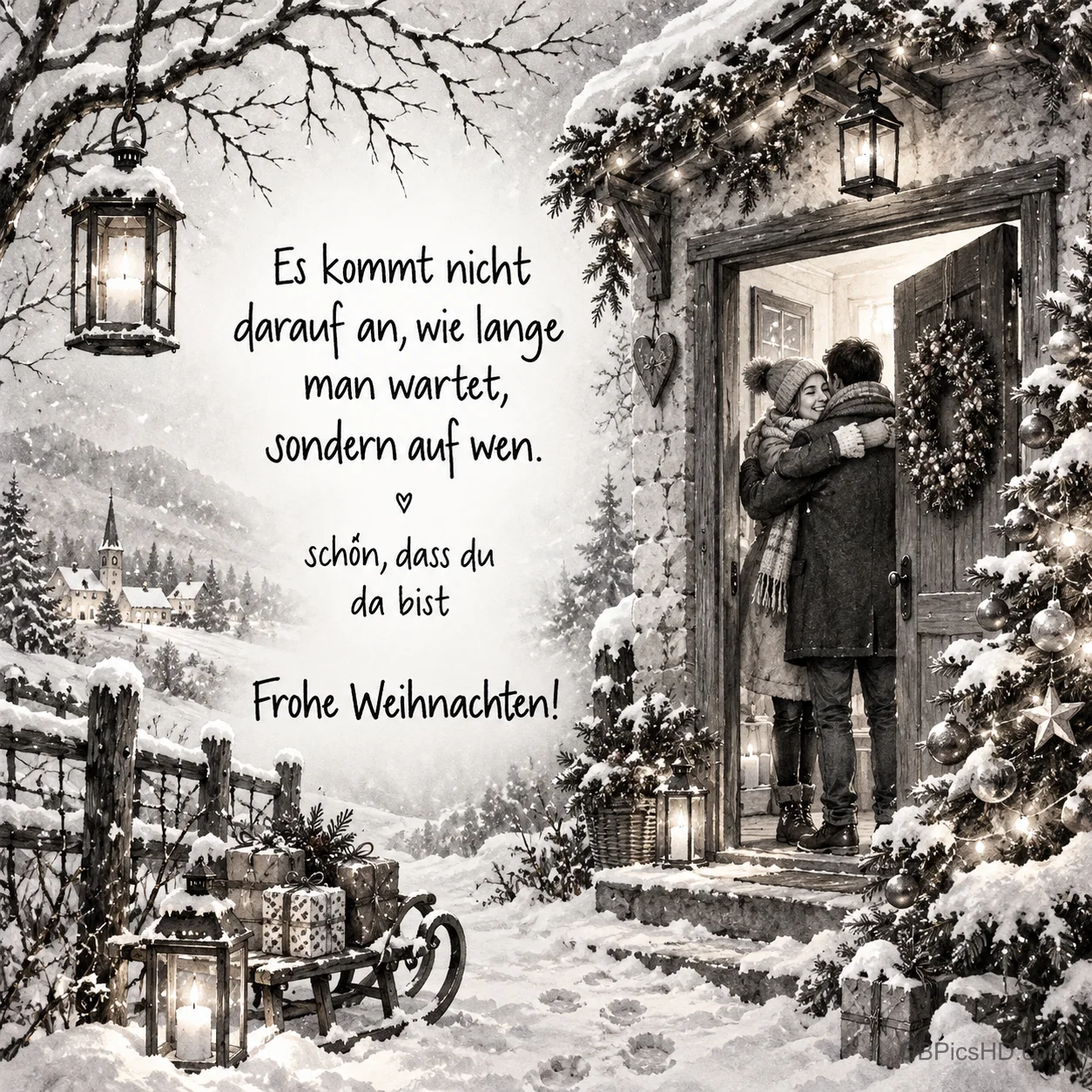 Ein Paar umarmt sich in einer verschneiten Haustür neben "Schön, dass du da bist" und "Frohe Weihnachten!".