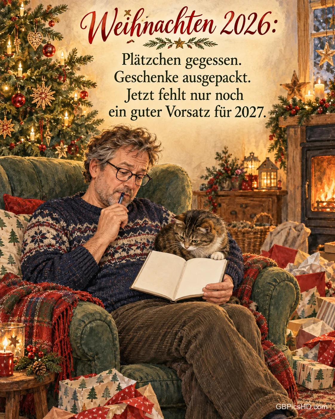 Ein Mann kaut im Sessel nachdenklich an seinem Stift über einem leeren Notizbuch, eine Katze schaut mit hinein, dazu „Weihnachten 2026“.