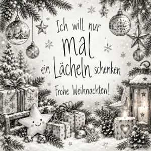 Geschenke, Christbaumkugeln, Kerzen und ein lächelnder Stern rahmen "Ich will nur mal ein Lächeln schenken Frohe Weihnachten!" ein.
