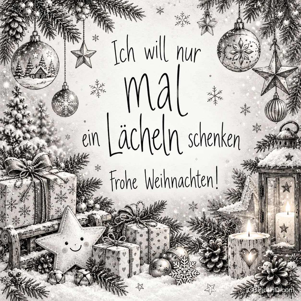 Geschenke, Christbaumkugeln, Kerzen und ein lächelnder Stern rahmen "Ich will nur mal ein Lächeln schenken Frohe Weihnachten!" ein.