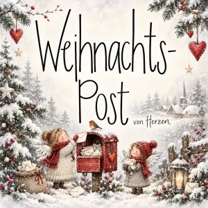 Zwei kleine Engel sammeln Briefe an einem roten Briefkasten im Schnee unter "Weihnachts-Post von Herzen".