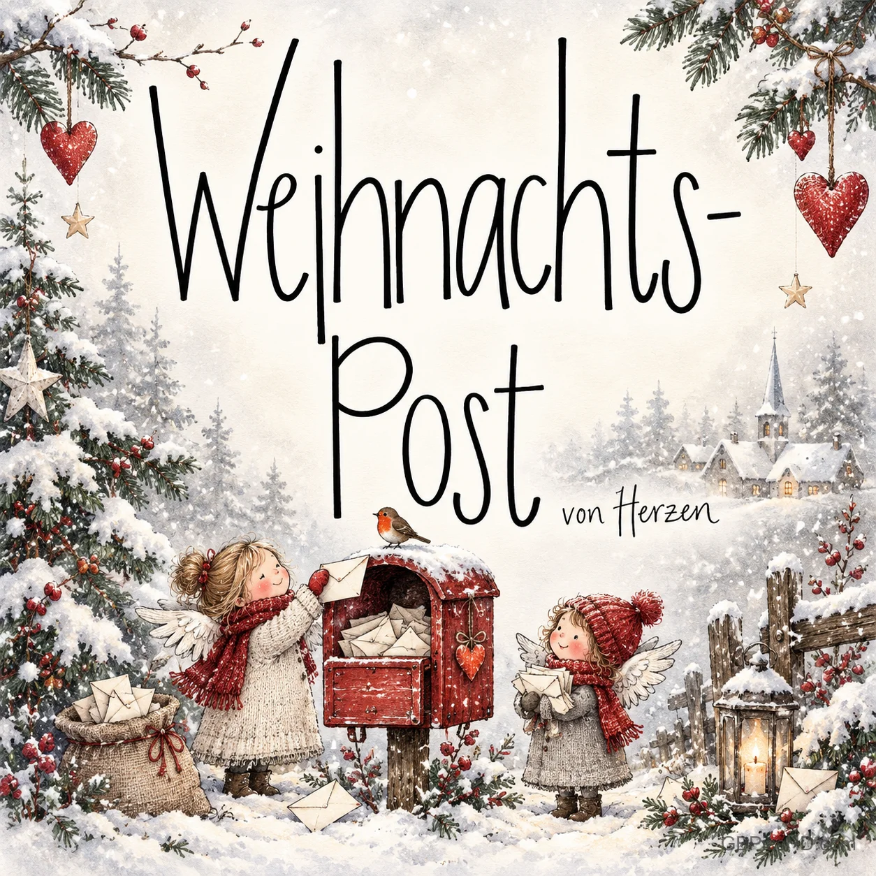 Zwei kleine Engel sammeln Briefe an einem roten Briefkasten im Schnee unter "Weihnachts-Post von Herzen".