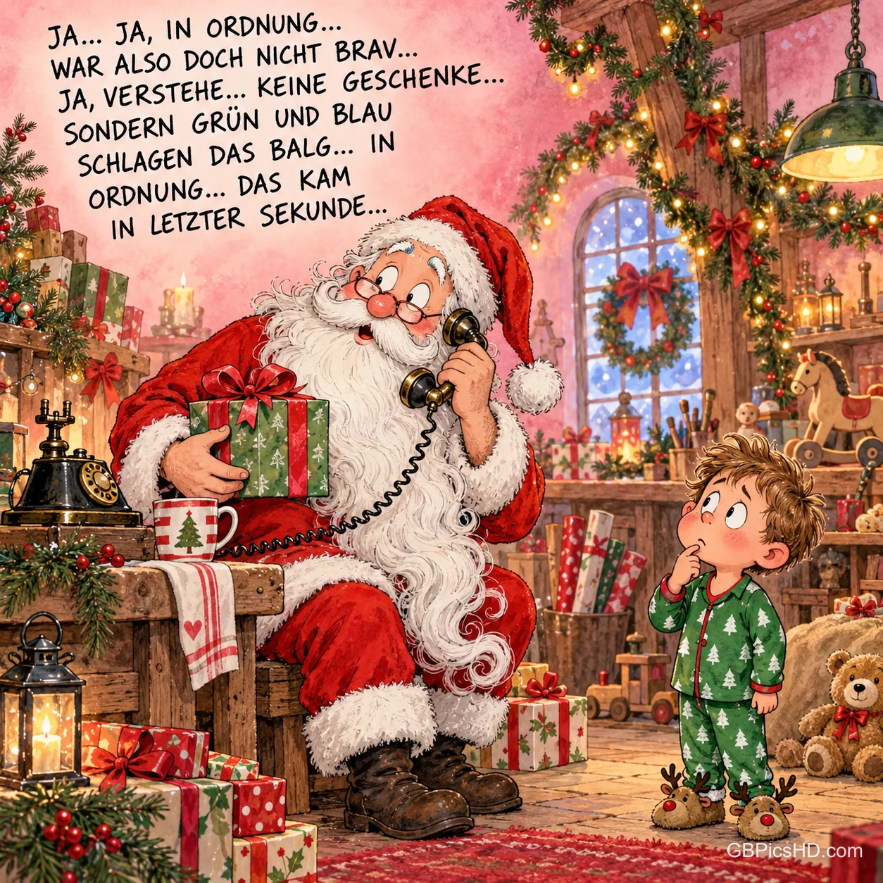 Der Weihnachtsmann telefoniert mit einem Geschenk im Arm, während ein Junge besorgt schaut; darüber steht "Keine Geschenke...".