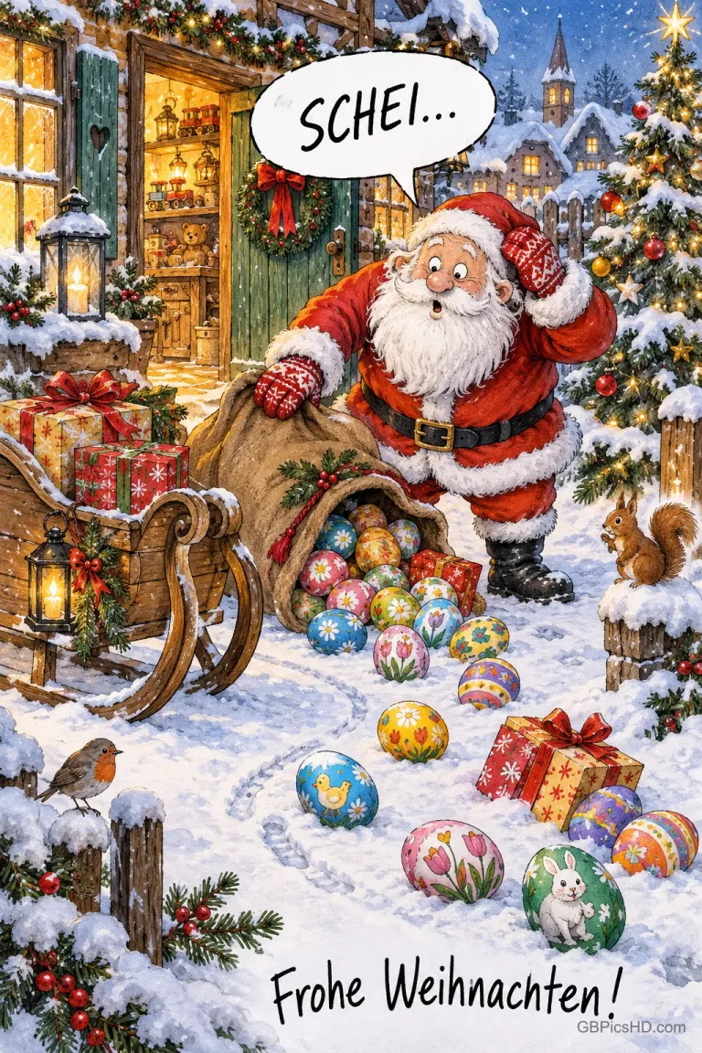 Ein Weihnachtsmann steht bei bunten Ostereiern im Schnee, mit "SCHEI..." oben und "Frohe Weihnachten!" unten.