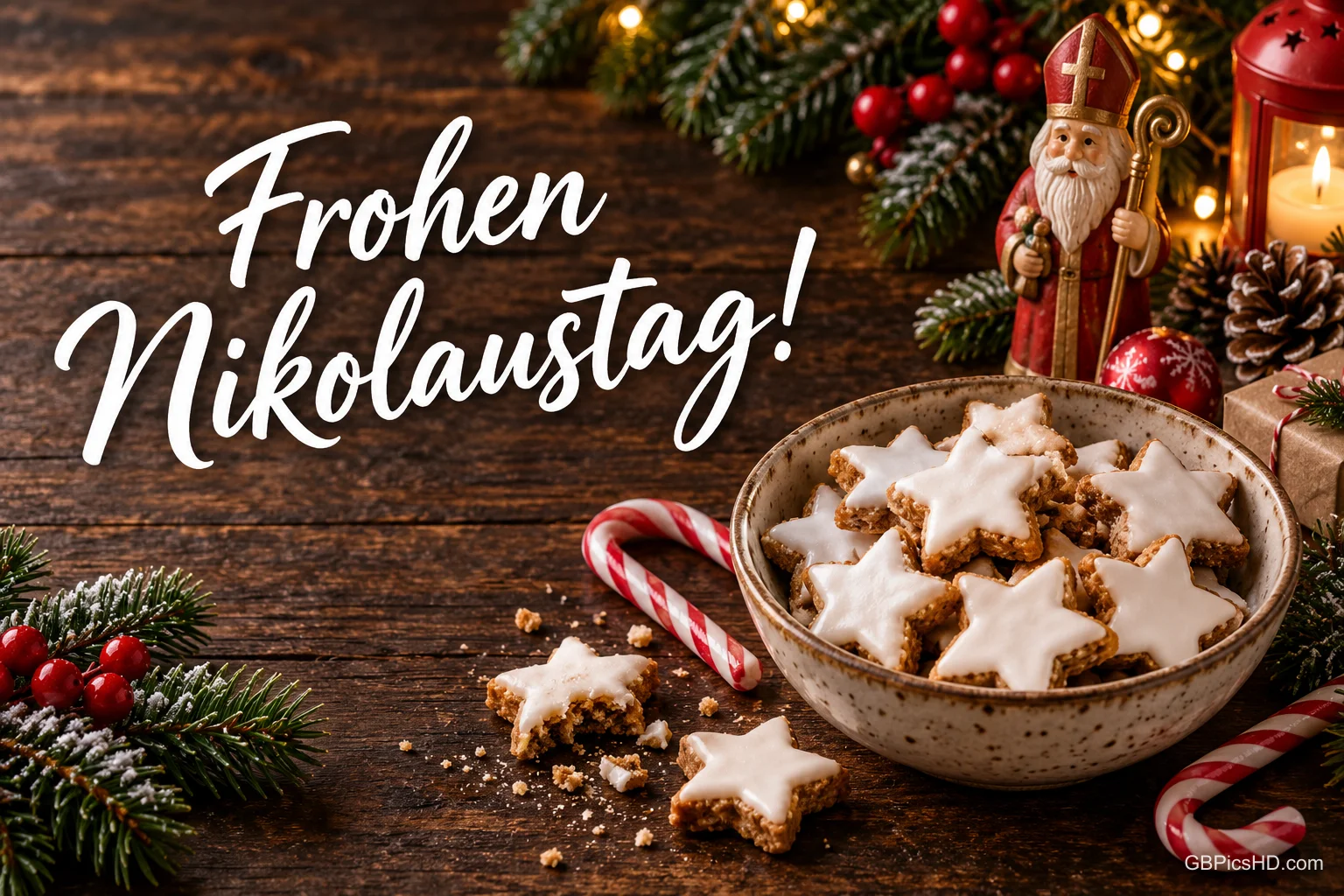 Eine Schale mit Zimtsternen steht neben Zuckerstangen, einer Nikolausfigur und einer Laterne unter "Frohen Nikolaustag!".