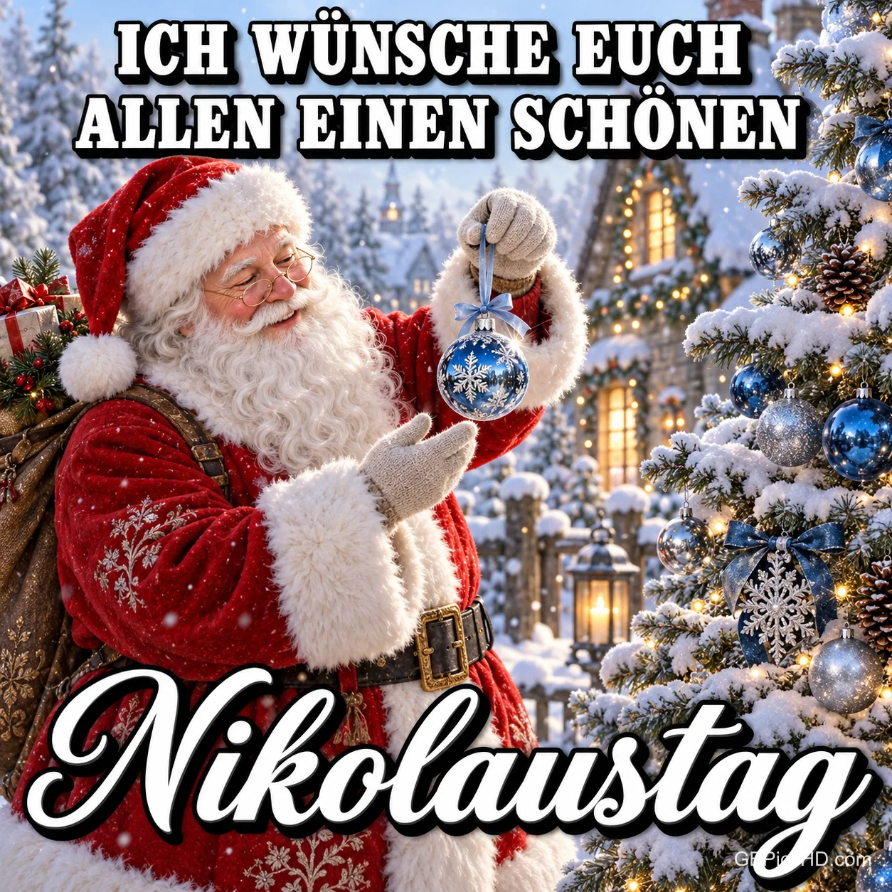 Ein Weihnachtsmann hält eine blaue Christbaumkugel neben "ICH WÜNSCHE EUCH ALLEN EINEN SCHÖNEN Nikolaustag".