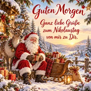 Weihnachtsmann und Rentier sitzen am Schlitten bei "Guten Morgen Ganz liebe Grüße zum Nikolaustag von mir zu Dir.".