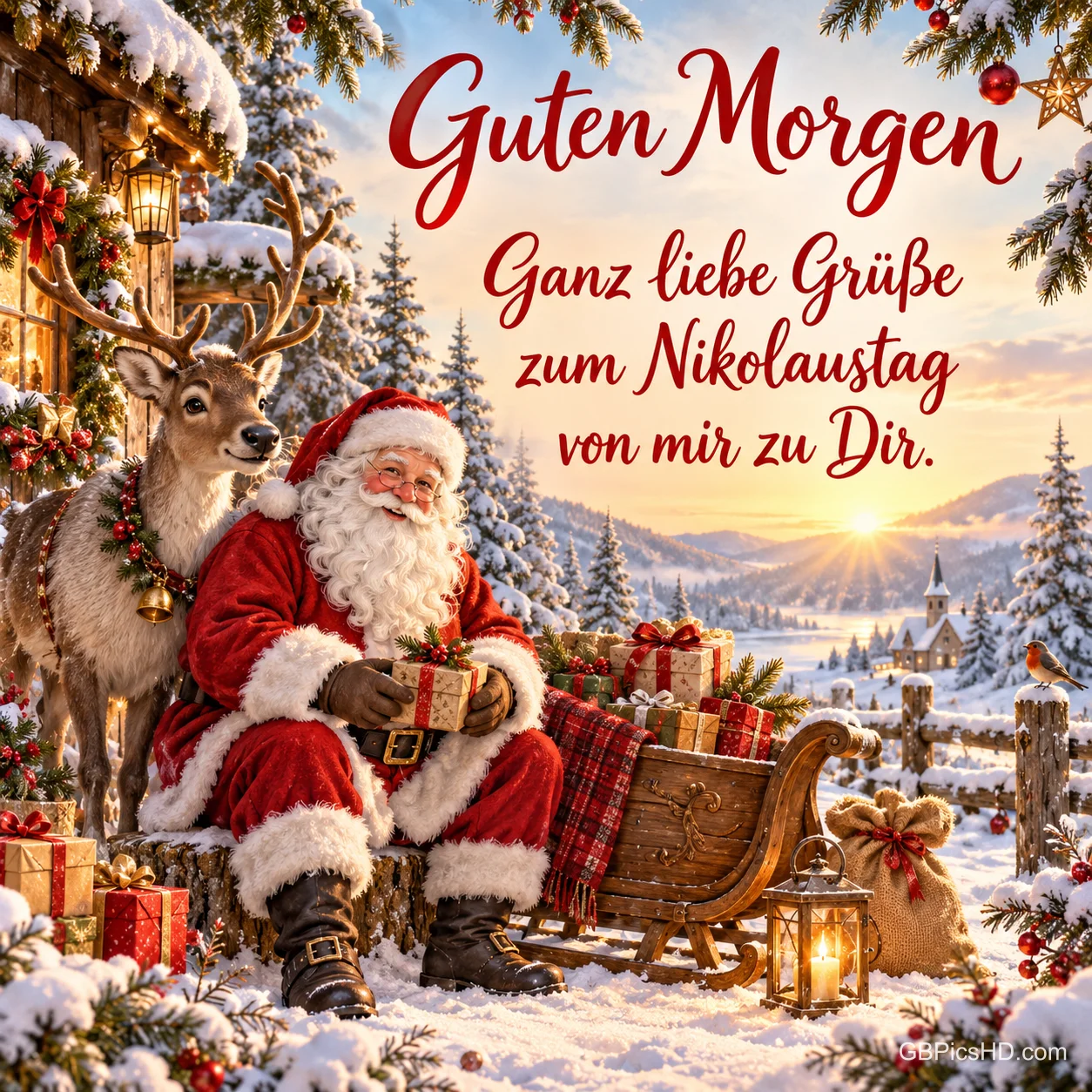 Weihnachtsmann und Rentier sitzen am Schlitten bei "Guten Morgen Ganz liebe Grüße zum Nikolaustag von mir zu Dir.". Weihnachtsmann und Rentier sitzen am Schlitten bei "Guten Morgen Ganz liebe Grüße zum Nikolaustag von mir zu Dir.".