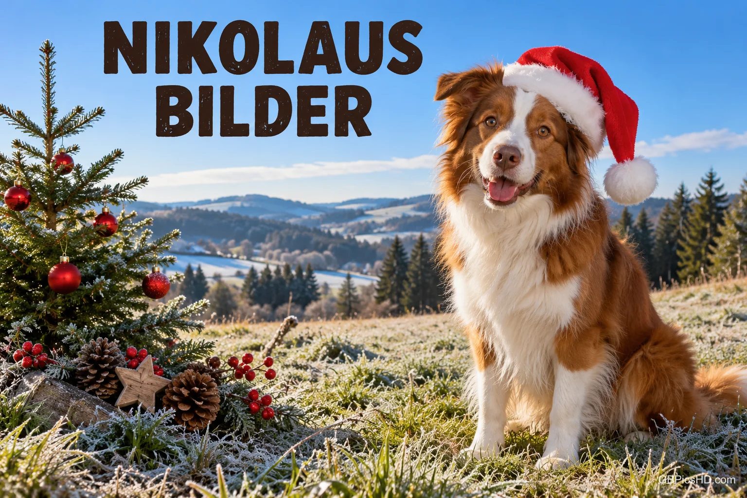 Ein braun-weißer Hund mit Nikolausmütze sitzt neben einem geschmückten Tannenbäumchen unter "NIKOLAUS BILDER". Ein braun-weißer Hund mit Nikolausmütze sitzt neben einem geschmückten Tannenbäumchen unter "NIKOLAUS BILDER".
