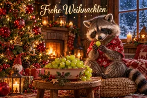 Ein Waschbär im roten Pullover hält eine Traube neben einer vollen Traubenschale unter "Frohe Weihnachten".
