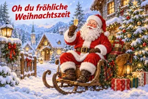Ein Weihnachtsmann hebt auf einem Schlitten sein Sektglas im Schnee unter "Oh du fröhliche Weihnachtszeit".