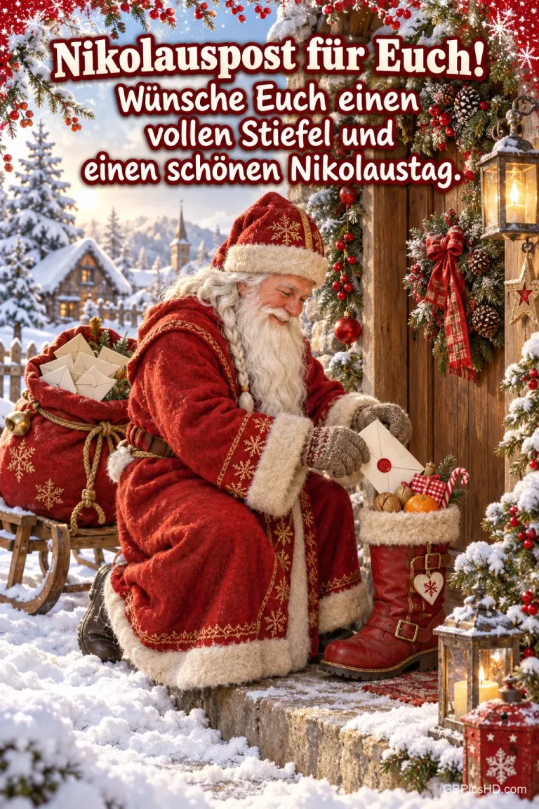 Nikolaus legt einen Brief in einen Stiefel: "Nikolauspost für Euch! Wünsche Euch einen vollen Stiefel und einen schönen Nikolaustag."
