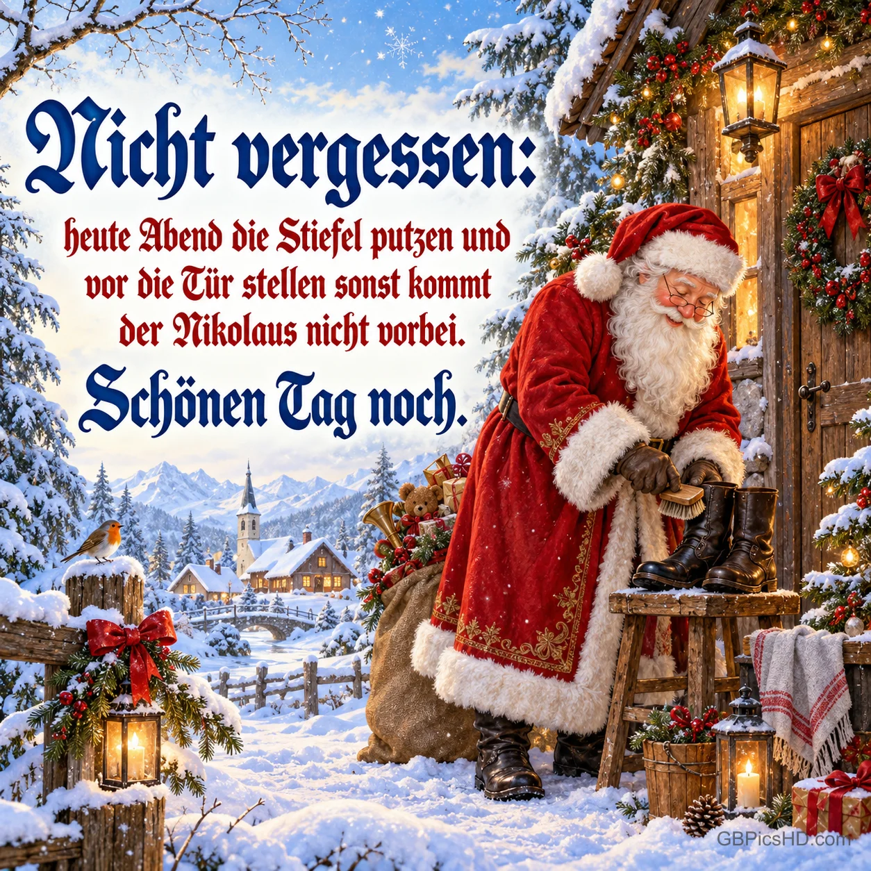 Nikolaus putzt: "Nicht vergessen: heute Abend die Stiefel putzen und vor die Tür stellen, sonst kommt der Nikolaus nicht vorbei. Schönen Tag noch." Nikolaus putzt: "Nicht vergessen: heute Abend die Stiefel putzen und vor die Tür stellen, sonst kommt der Nikolaus nicht vorbei. Schönen Tag noch."