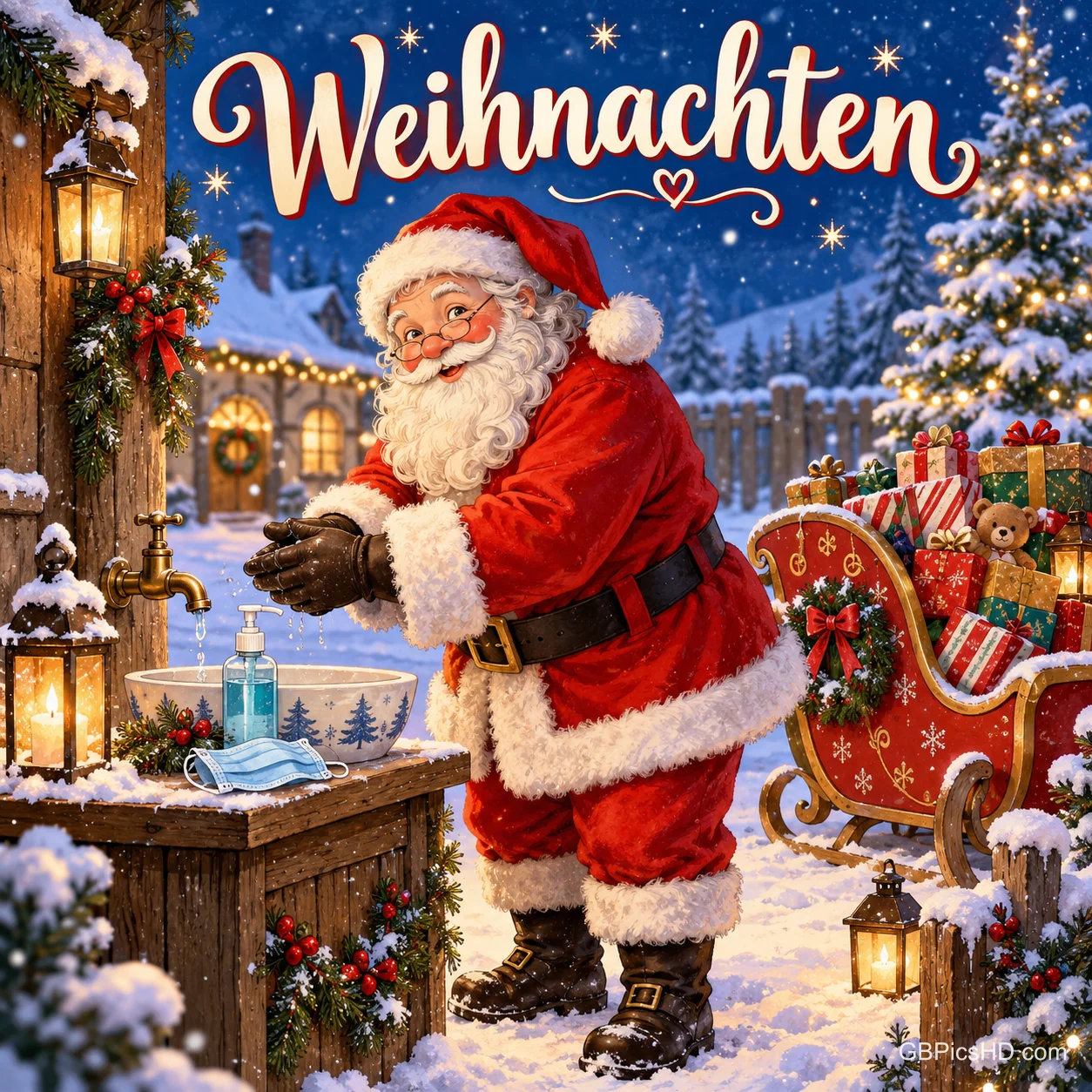 Ein Weihnachtsmann steht an einem Waschbecken im Schnee neben einem Schlitten voller Geschenke unter "Weihnachten". Ein Weihnachtsmann steht an einem Waschbecken im Schnee neben einem Schlitten voller Geschenke unter "Weihnachten".