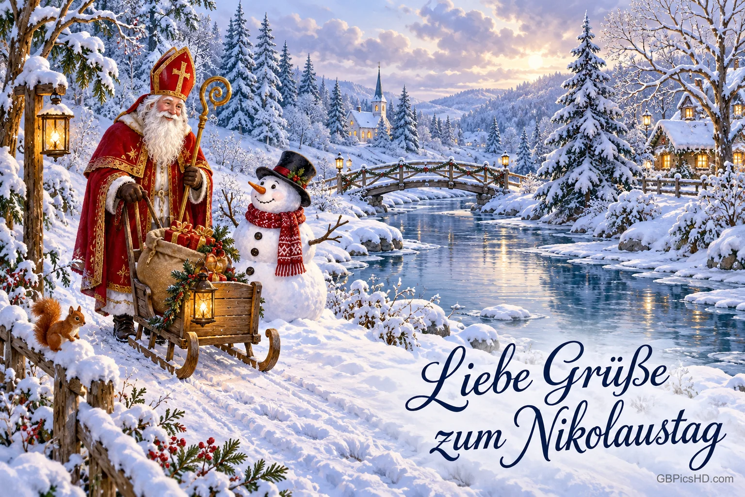 Nikolaus und ein Schneemann stehen mit einem Schlitten am verschneiten Fluss: "Liebe Grüße zum Nikolaustag". Nikolaus und ein Schneemann stehen mit einem Schlitten am verschneiten Fluss: "Liebe Grüße zum Nikolaustag".