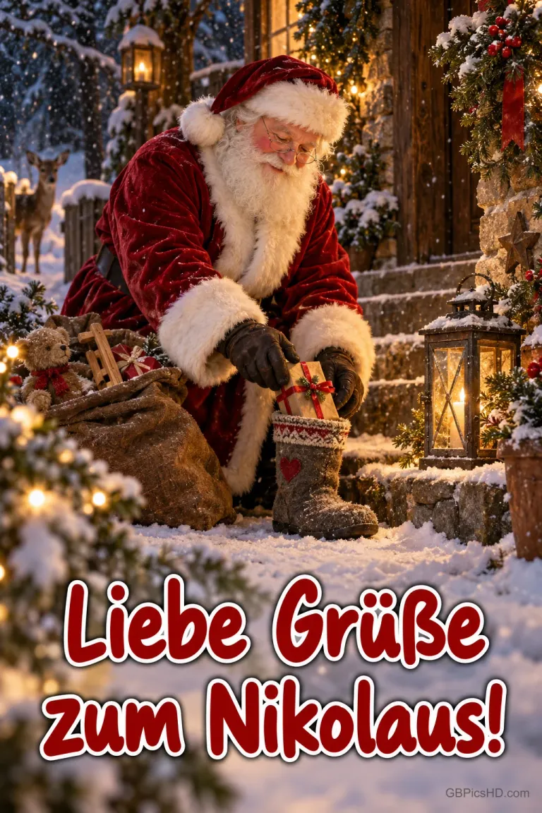 Nikolaus steckt ein Geschenk in einen Stiefel neben einer leuchtenden Laterne: "Liebe Grüße zum Nikolaus!"