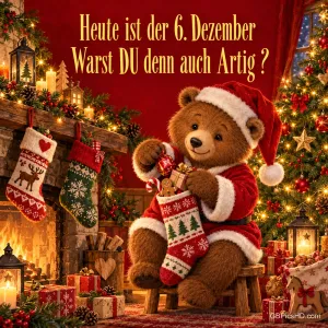 Ein Teddybär im roten Mantel hält einen gefüllten Strumpf am Kamin: "Heute ist der 6. Dezember Warst du denn auch artig?"