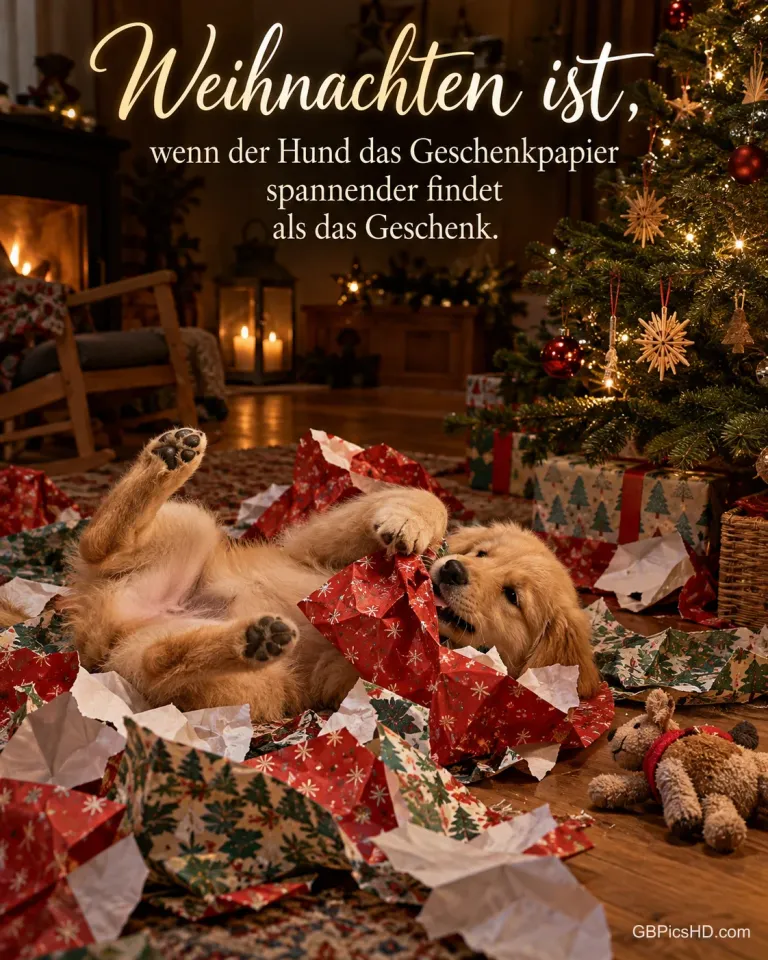 Ein Golden-Retriever-Welpe wälzt sich glücklich im zerrissenen Geschenkpapier unter dem Weihnachtsbaum, das Kuscheltier liegt unbeachtet daneben, dazu „Weihnachten ist“.