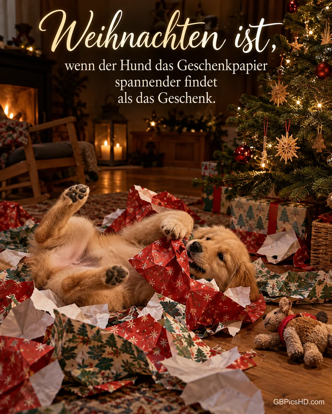 Ein Golden-Retriever-Welpe wälzt sich glücklich im zerrissenen Geschenkpapier unter dem Weihnachtsbaum, das Kuscheltier liegt unbeachtet daneben, dazu „Weihnachten ist“.