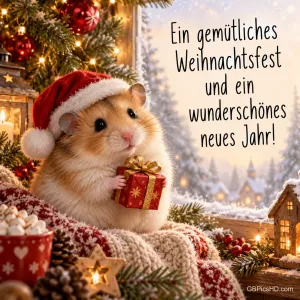 Kleiner Hamster mit Weihnachtsmütze hält ein rotes Geschenk auf einer Strickdecke am verschneiten Fenster, daneben Wünsche für Weihnachten und Neujahr