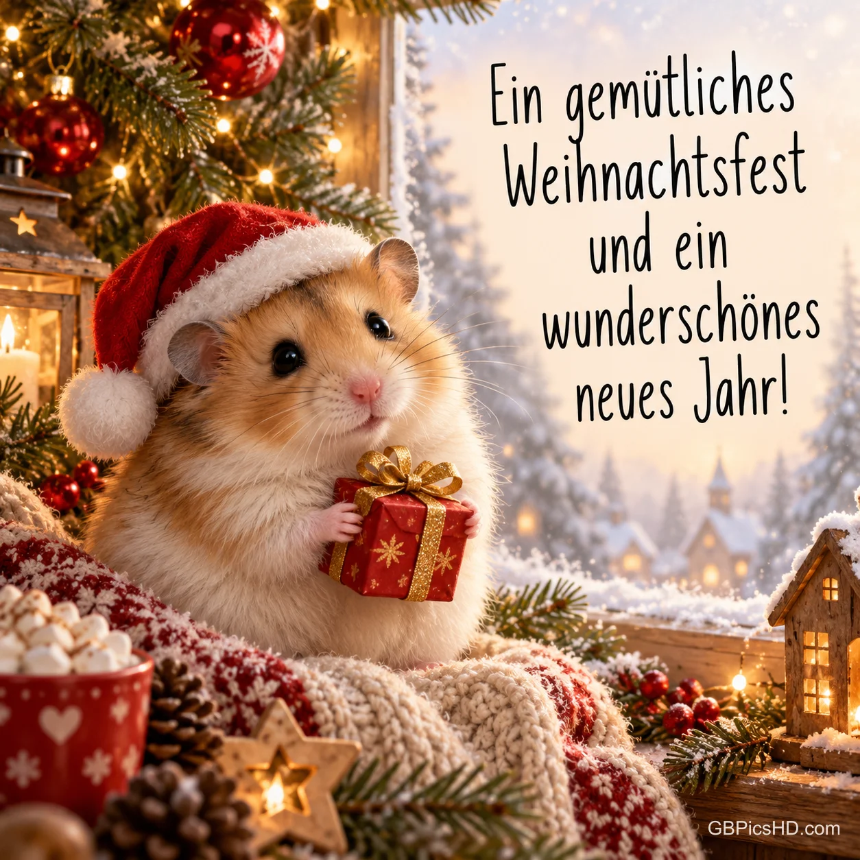 Kleiner Hamster mit Weihnachtsmütze hält ein rotes Geschenk auf einer Strickdecke am verschneiten Fenster, daneben Wünsche für Weihnachten und Neujahr Kleiner Hamster mit Weihnachtsmütze hält ein rotes Geschenk auf einer Strickdecke am verschneiten Fenster, daneben Wünsche für Weihnachten und Neujahr