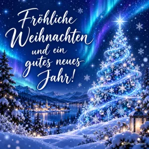 Funkelnder Lichterbaum unter Polarlicht in einer verschneiten Berglandschaft mit See und Dorf, links ein Schriftzug mit Weihnachts- und Neujahrswünschen