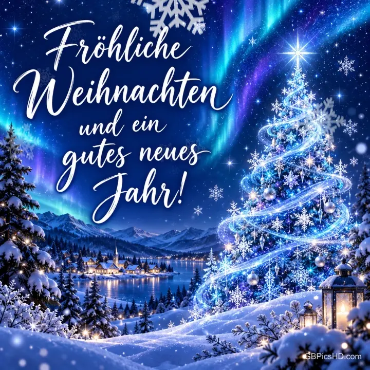 Funkelnder Lichterbaum unter Polarlicht in einer verschneiten Berglandschaft mit See und Dorf, links ein Schriftzug mit Weihnachts- und Neujahrswünschen Funkelnder Lichterbaum unter Polarlicht in einer verschneiten Berglandschaft mit See und Dorf, links ein Schriftzug mit Weihnachts- und Neujahrswünschen