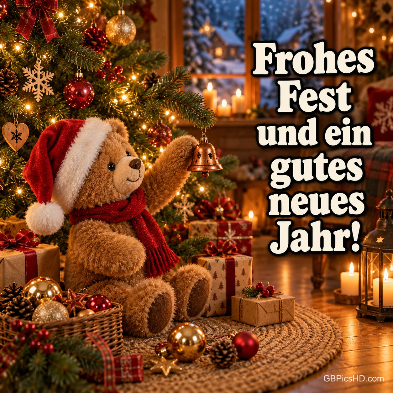Teddybär mit Weihnachtsmütze und rotem Schal hängt eine Glocke an den Christbaum im festlichen Zimmer, daneben Wünsche fürs Fest und das neue Jahr Teddybär mit Weihnachtsmütze und rotem Schal hängt eine Glocke an den Christbaum im festlichen Zimmer, daneben Wünsche fürs Fest und das neue Jahr