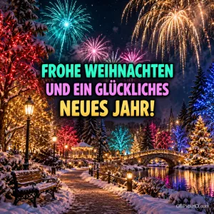 Buntes Feuerwerk über einem verschneiten Park mit beleuchteten Bäumen, Brücke, Laterne und Bank, in der Mitte farbige Weihnachts- und Neujahrswünsche