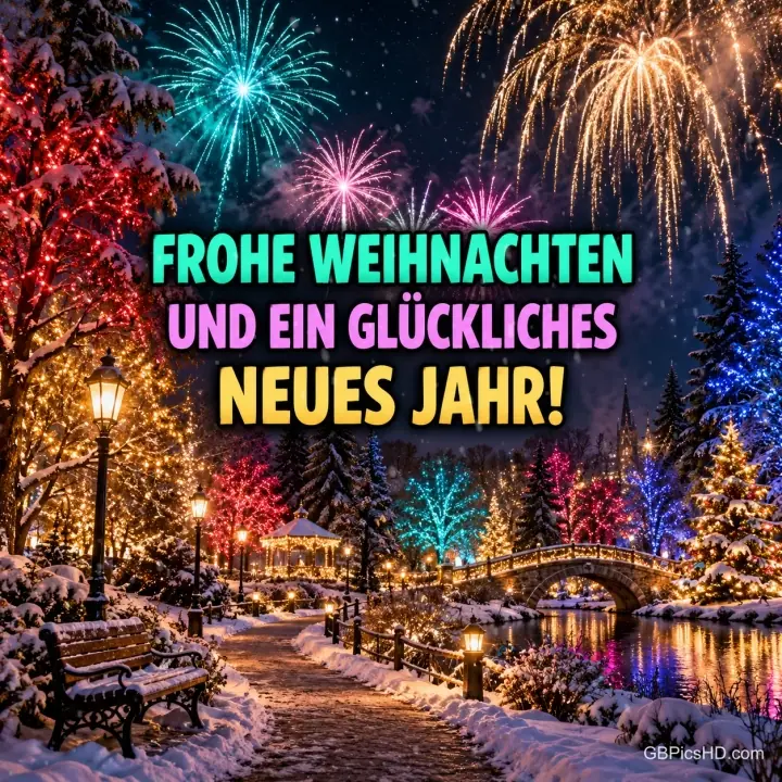 Buntes Feuerwerk über einem verschneiten Park mit beleuchteten Bäumen, Brücke, Laterne und Bank, in der Mitte farbige Weihnachts- und Neujahrswünsche Buntes Feuerwerk über einem verschneiten Park mit beleuchteten Bäumen, Brücke, Laterne und Bank, in der Mitte farbige Weihnachts- und Neujahrswünsche